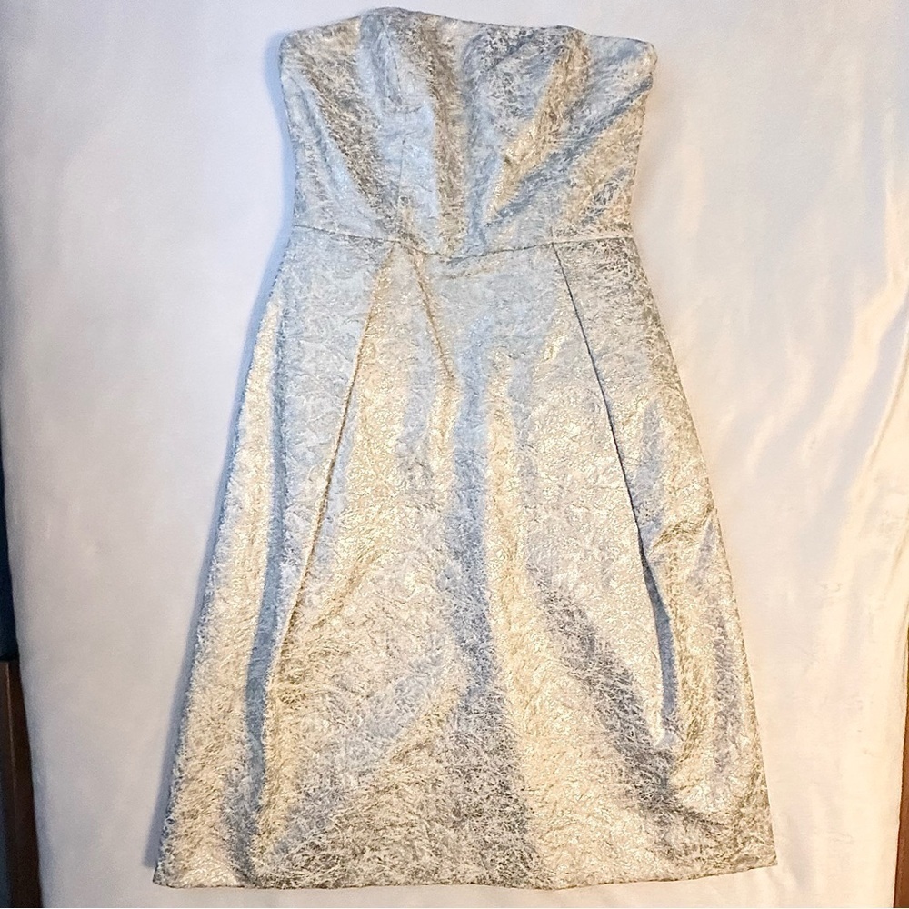 Lord Taylor 424 Fifth Silver Brocade Strapless Dress 2 metallic jacquard pockets